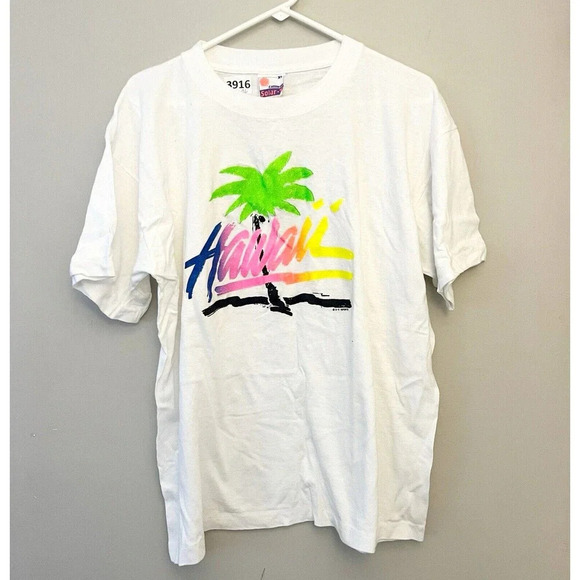 Vintage 80s Hawaii T Shirt Graphic Neon Palm Tree Single Stitch CA Solar T XL - Picture 1 of 8
